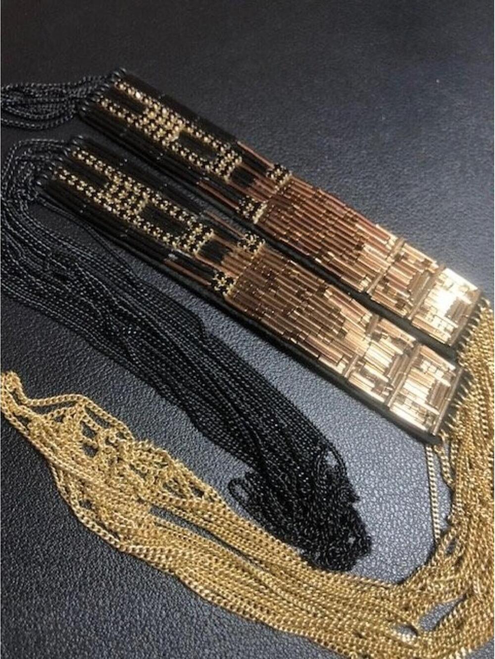 B3688 Stella & Dot Fashion Multi chain Statement Necklace Black Gold Tone 34" - Picture 3 of 3